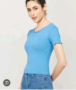 Blue Ribbed Lettuce Hem Top