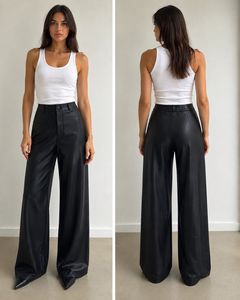 Stylish Black Faux Leather Wide Leg Pants