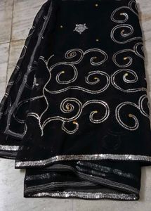 Price Drop. Elegant Black Saree with Sequin Swirl