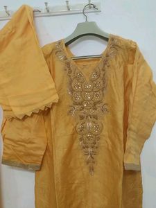 Yellow Embroidered Work Of Moti And Daman Wor
