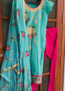 Embroidered Teal Kurta Set with Dupatta