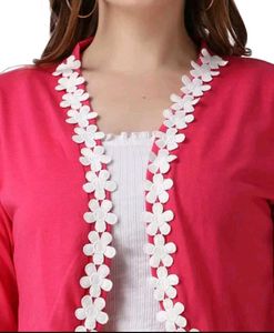 Stylish Pink Shrug with Floral Trim