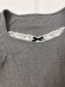 savana Grey Ribbed Lace Trim Top with Bow