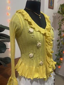 Yellow Ruffled Embellished Cardigan