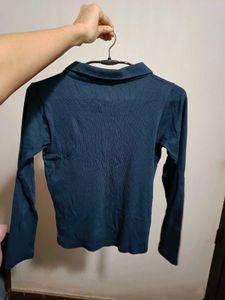 Navy Blue Long Sleeve Collared Top