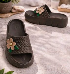 Brown Platform Slides with Flower Accent