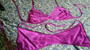 Satin Lace Lingerie Set - Vibrant Pink