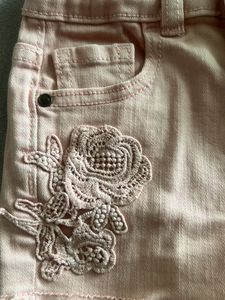 Cute Peach Denim Shorts with Rose Detail