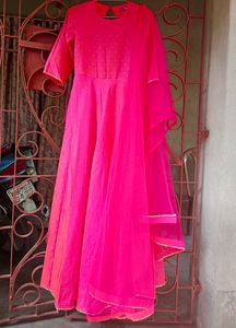 Woven Design Long Gown With Dupatta