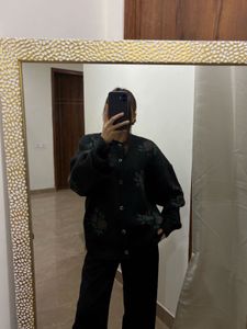 Oversized Black Flower Pattern Knit Cardigan