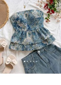 Blue Floral Tiered Peplum Tube Top