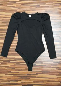 Black Puffed Sleeve Cutout Nech Design Body Suit