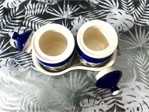 Set of 2 Blue Floral Ceramic Jars with Tray