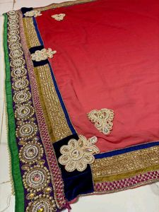 Elegant Red Embroidered pearl work Saree