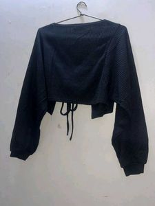Black Ribbed Cropped Tie-Back Top