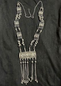 Oxidized silver tribal long necklace