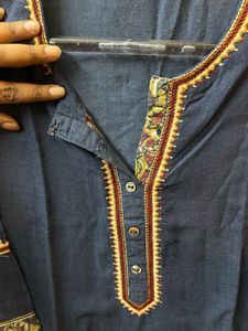 Rangriti Embroidered Blue Cotton Kurta