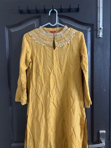 Yellow Kurta with Embellished Neckline
