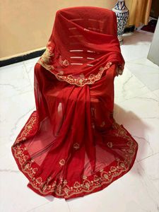 cut work  Red Embroidered Saree