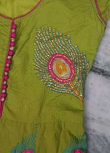 Green Ethnic Dress with Peacock Design