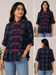 Unique Embroidered Blue Mandarin Collar Top