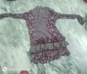 Maroon Floral Printed Ruffle One Piece Dress