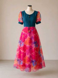 Women's Floral Print Midi Dress with Puff Sleeves