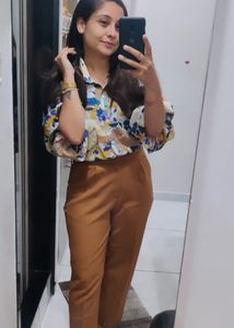 Chic Floral Print Collared Shirt and pant pair