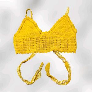 Yellow Crochet Crop Top with Tie Back