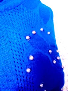 Blue Pearl Embellished Knit Sweater