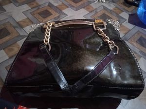 Chic Black Patent Handbag with Gold Chain