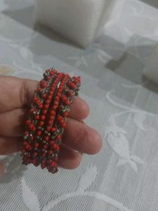 Red - Orange Boho Beaded set of 4 Bangles