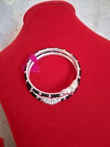 Elegant Silver Bangles with Black Beads