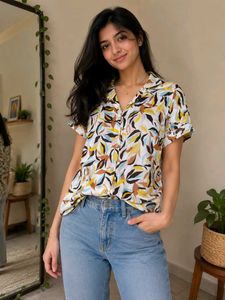Leaf Print Button-Down Tunic Top