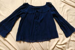 Navy Blue Pleated Bell Sleeve Top