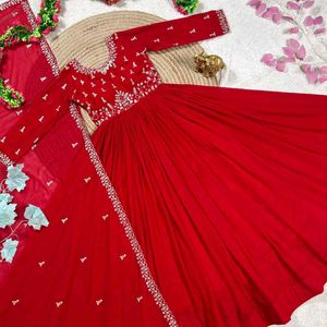 Red Embroidered Anarkali  Set