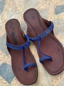 Brown Leather Sandals with Blue Braided Straps