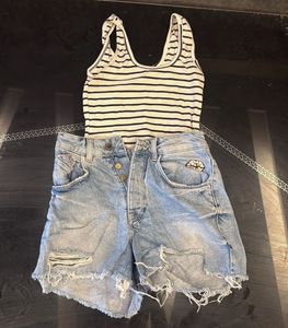 Striped Tank Top & Distressed Denim Shorts