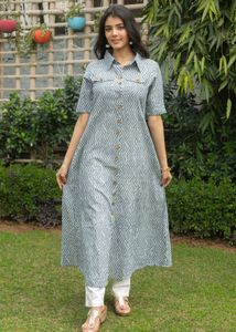 Cotton Zig Zag Printed A-Line Kurta