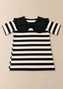 BLACK AND WHITE STRIPED TOP WITH RUFFLED COLLAR
