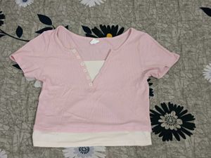 Pink Ribbed Henley Top with Cream Layer