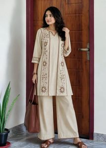 Elegant Beige Embroidered Kurta Set