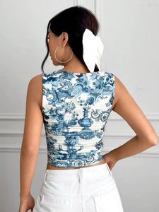 Blue &amp; White Print Halter Neck Top