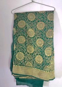 dark green shalu Saree with Gold Patterned Sare