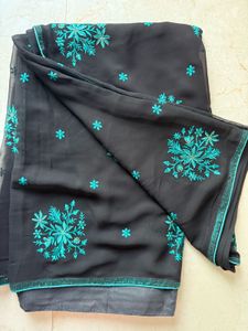 Embroidered Black Chiffon Saree