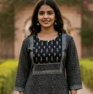 Black Cotton Printed Kurta