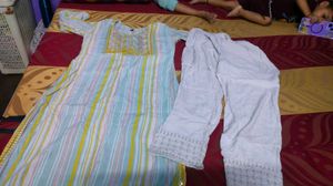 Striped Kurta with Embellished Neckline