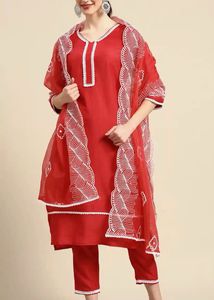 Sangria Women Red Kurta with Trousers & Dupatta