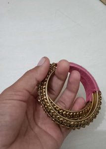 Elegant Gold Tone Bangles with Pink Thread Work