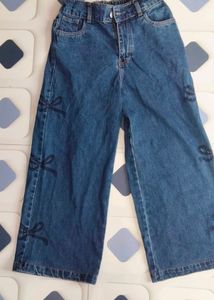 Blue Wide Leg Jeans with Bow Detail
